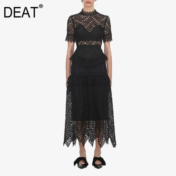 

[deat] summer fashion stand-up collar high waist hollow out short sleeve solid color loose dress women 13d201 210527, Black;gray