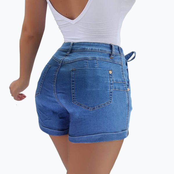 

women season high waist ladies casual lace up slim denim summer lady jeans cowgirl shorts, Blue