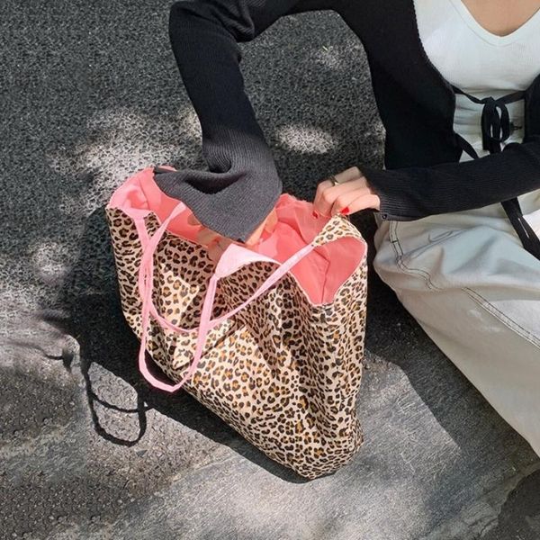 

retro leopard pattern women tote handbags stitching pink ladies large shoulder bag fashion double side girls cloth shopping bags cross body
