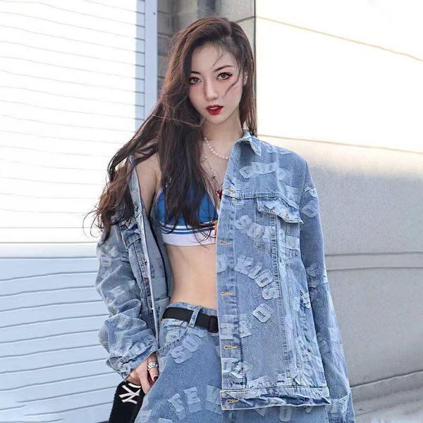 

men's tracksuits denim jacket two piece loose tracksuit men and women winter cool jeans set long sleeve coats sets male jean outerwear, Gray