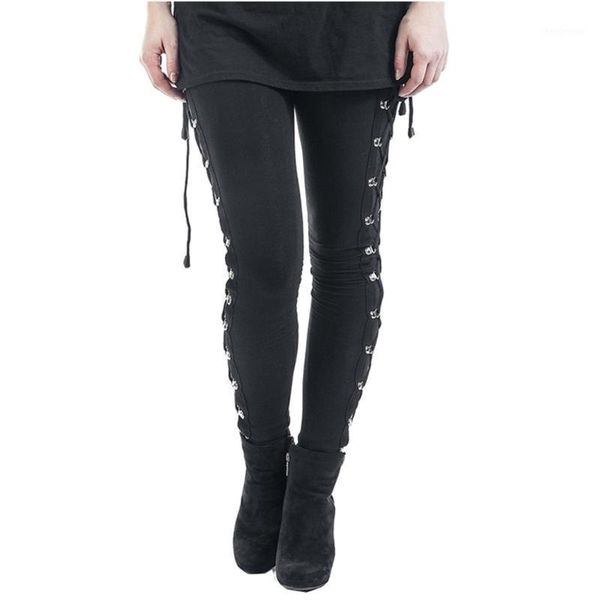 

gothic punk women leggings solid black lace up woman bottoms steampunk calzas mujer leggins long pencil pants trousers, Black;white