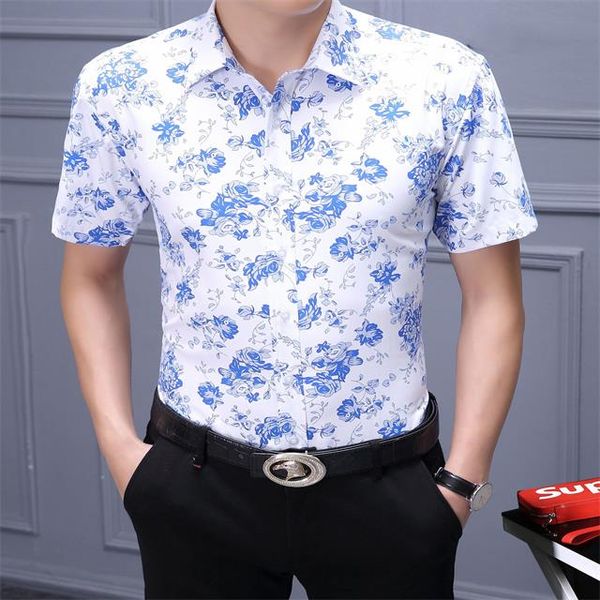 

2021 fashion ironing business short sleeve shirt men's lazy style casual stripe checked size -3xl#14, White;black