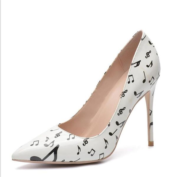 

music notes printed high heels white black color patchwork dress shoes pointed toe patent leather wedding pumps 10cm