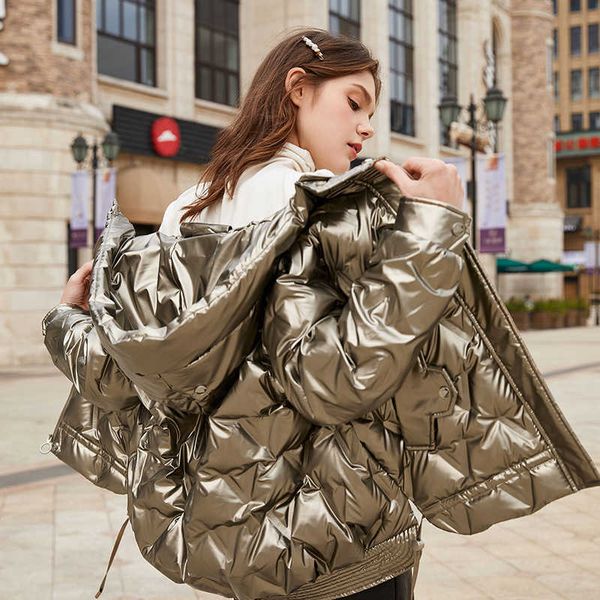 

shzq women's white down cape, loose, hooded, bright face, small men, korean, new winter 2021 series, Black