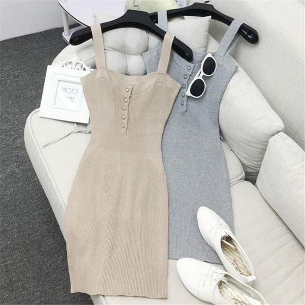 

autumn women knitted dress slash neck solid spaghetti strap sleeveless female casual knitting dresses vestidos sf943, Black;gray