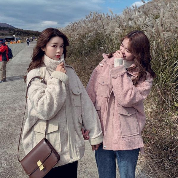 

women's wool & blends chic ladies lambs beige apricot handsome stand collar corduroy splice workwear woolen jacket /40, Black