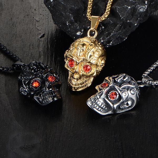 

pendant necklaces punk hip hop eyes red big stone skull necklace gothic stainless steel biker men jewelry gift, Silver