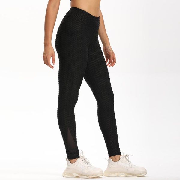 

50# leggings sport women fitness mesh panel breathable hip lifting exercise solid bubble seamless woman pants spodnie damskie women's, Black