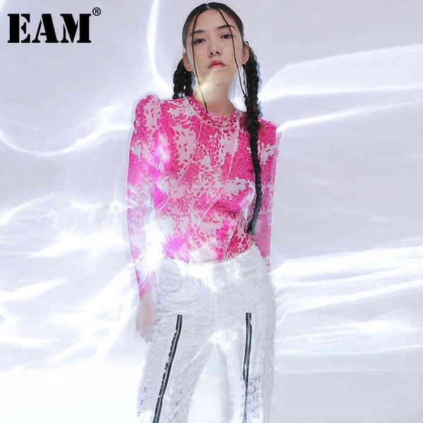 

[eam] women pattern printed irreuglar hem slim t-shirt stand collar long sleeve fashion spring summer 1dd8459 21512, White