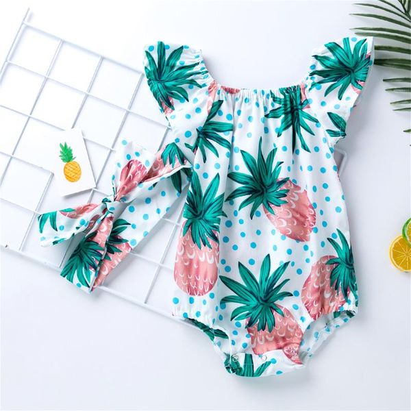 

rompers 2pc pineapple printing baby clothes born bodysuits infant girls ruffle floral romper headbands 0-24 months, Blue