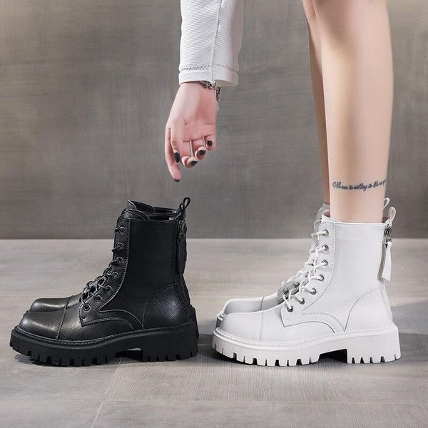 

boots women's leather autumn and winter 2021 british wind thick bottom back zipper locomotive round, Black