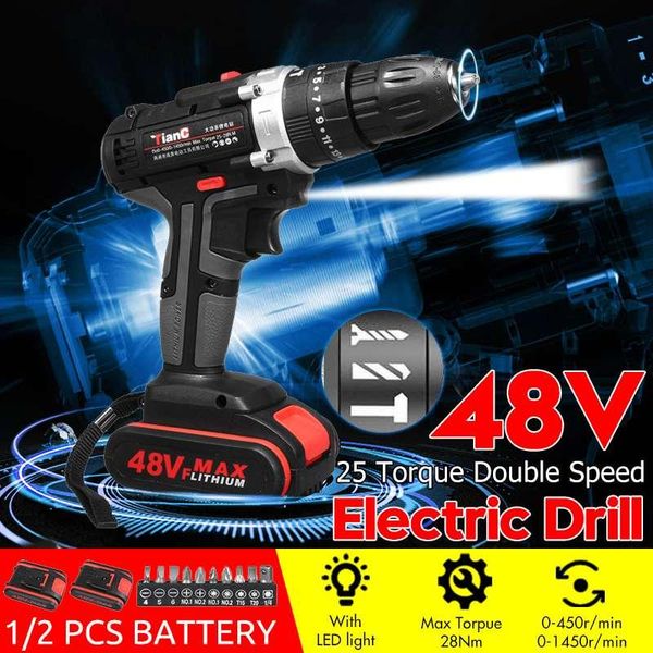 

professiona electric drills 48v cordless drill screwdriver double speed 25+3 torque hammer impact power tool with 2pcs battery