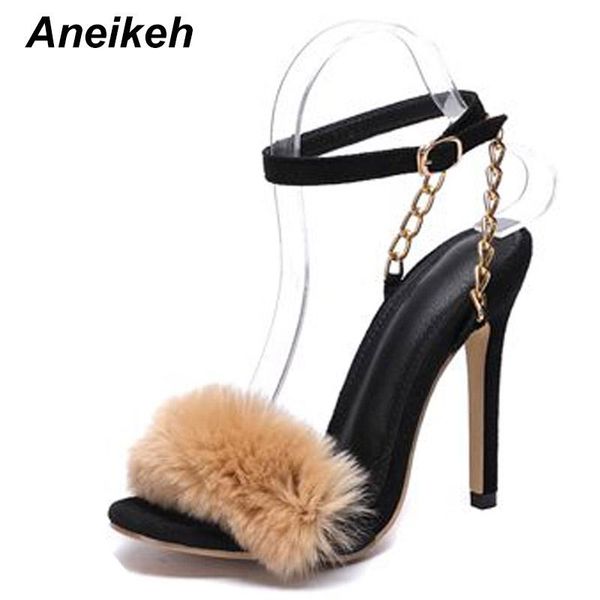 

aneikeh summer women high heels sandals chain bandages opean toe cross strap ankle buckle pumps size 35-42, Black