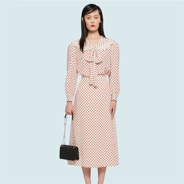 

tracksuits 2 piece sets womens outfits elegant long sleeve bows polka dot chiffon blouse shirt and high waist midi skirt suit set, Gray