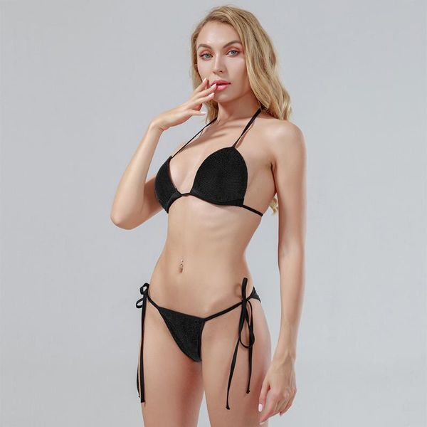 

women's swimwear 2021 european and american style bikini solid color rhinestone strap halter neck low waist swimsuit suit women, White;black