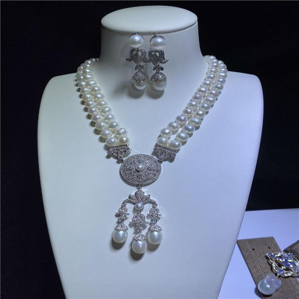 

earrings & necklace 23" 2 strands natural white pearl and earring cz pendant set, Silver