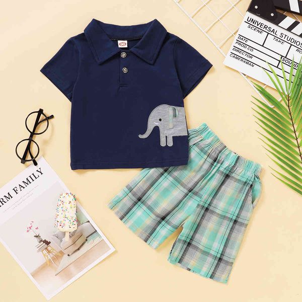 Camisa bordada de elefante de lapela de menino + calções de xadrez verão de mangas curtas roupas de desenho infantil terno 210515