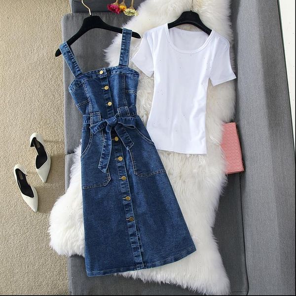 

spring summer set fashion womens dresses short sleeve white t shirt strap single breasted denim 2 pieces mjuer y162