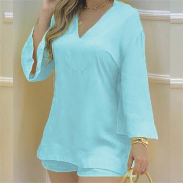 

summer two piece set womens tracksuits v neck flare long sleeve shorts female sets loose casual fashion streetwear ladies, Gray