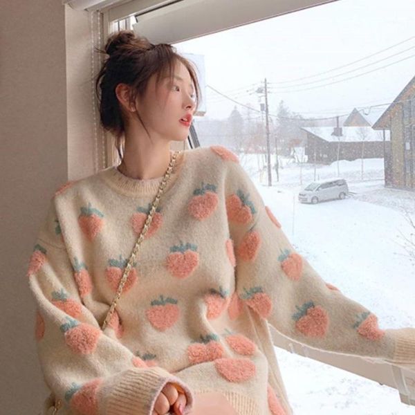

women's sweaters autumn winter strawberry sweet female sweater oversized round neck fashion 2021 pullover long-sleeved casual wool pul, White;black