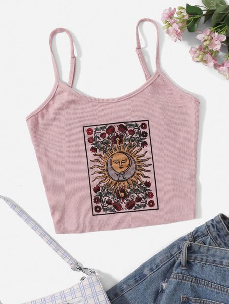 

floral and graphic print rib-knit cami i6j4#, White