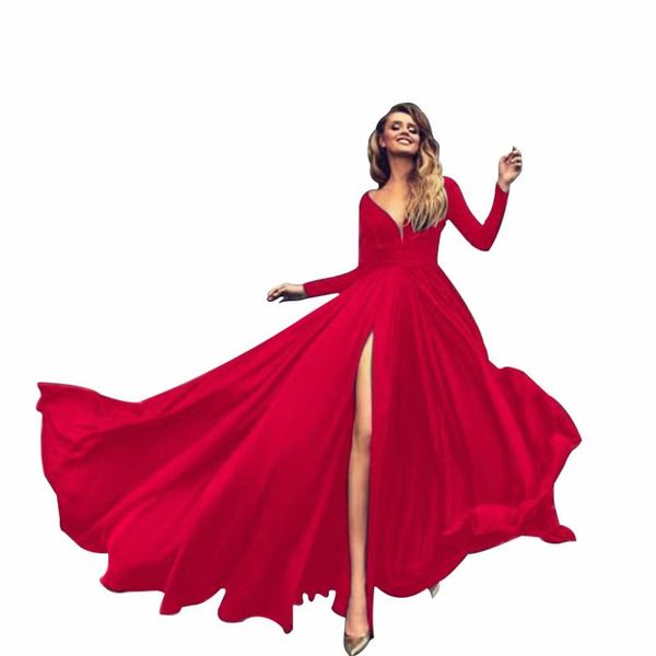 

solid high split swing dress woman v-neck long sleeve wedding evening maxi dresses for women party club outfits summer, Black;gray