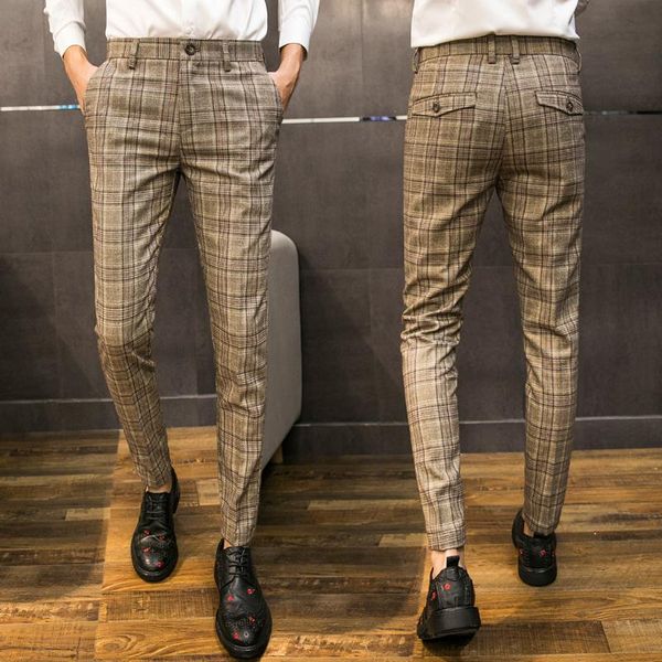 

men's pants british vintage plaid suit pant men slim fit dress mens casual office business work trousers streetwear, Black