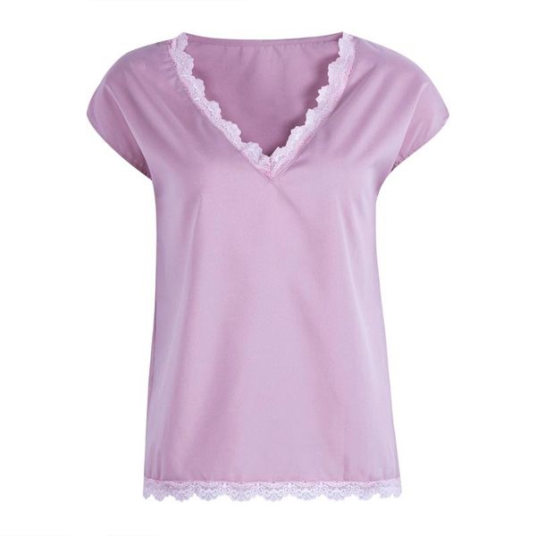 

women's t-shirt 2021 women summer casual loose short sleeve solid lace v-neck chiffon t-shirts female shirts vest blusa plus size, White