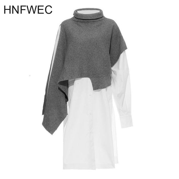 

autumn and winter irregular split joint long big size dress turtleneck sleeve knitting fashion 2021 two pieces k713 casual dresses, Black;gray