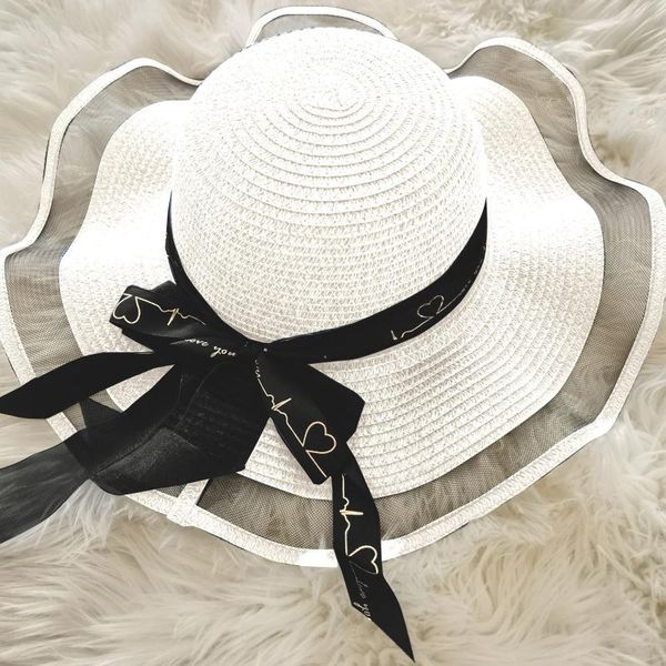 

wide brim hats 2021 women's straw hat caps bandage bows solid color floppy summer holiday outwear protection sombreros, Blue;gray