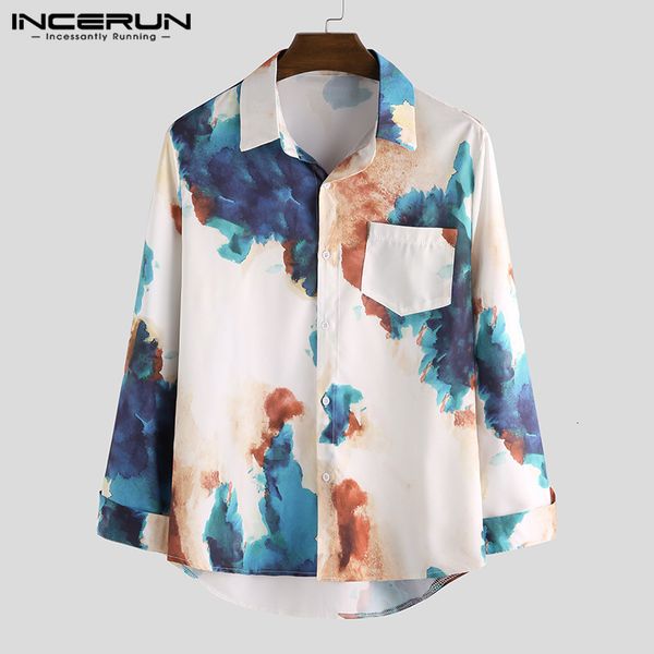 

incerun printed lapel casual breathable long sleeve button loose hawaiian men shirt fashion streetwear camisa 200925, White;black