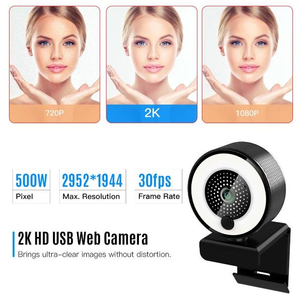 

webcams flash lamp computer camera 2k hd video webcast usb 5 million auto adjustable ring light built-in microphone plug