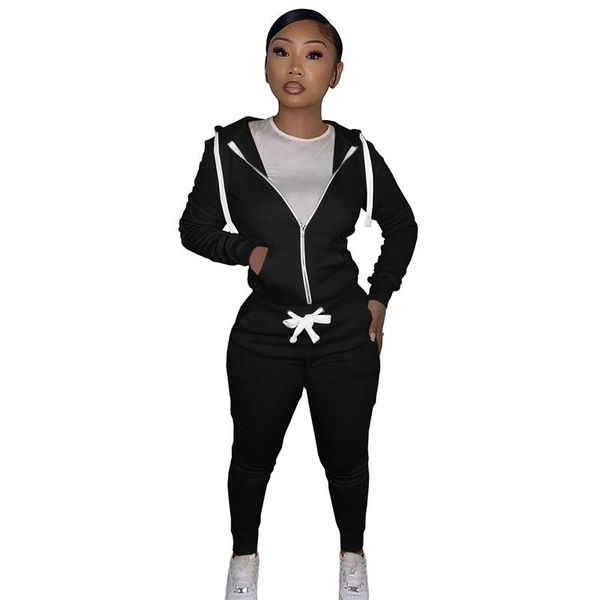 

women's two piece pants fitting pullover hoodies women suit spring autumn casual pieces sets solid color zipper long sleeve pencil suit, White