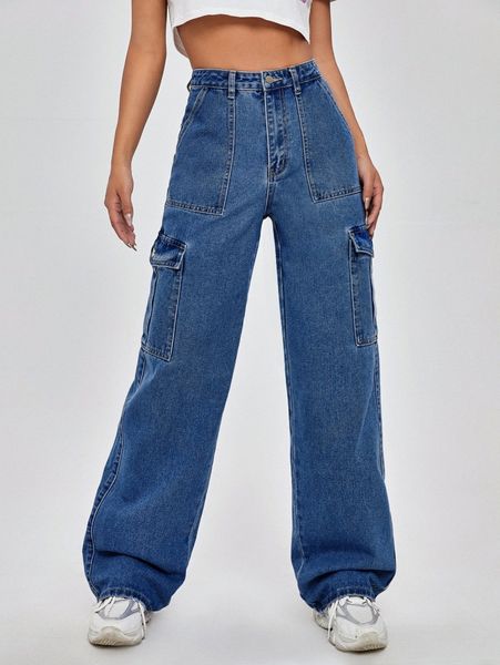 

high waist flap pocket wide leg jeans t6ln#, Blue