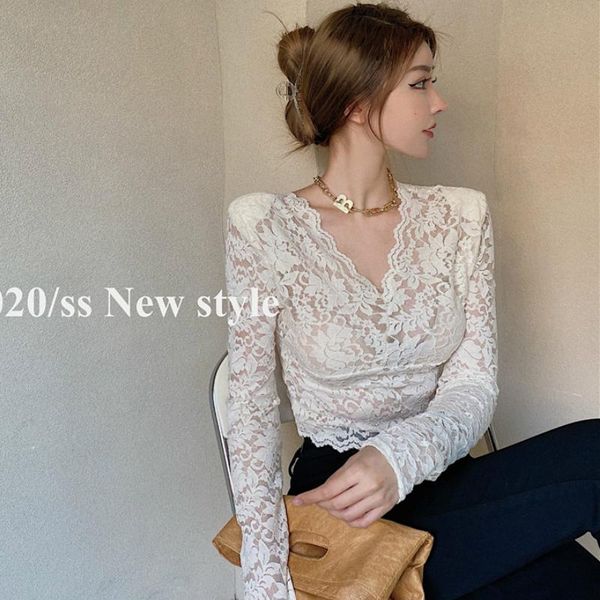 

women's blouses & shirts lace blouse slim long sleeve with bottom layer autumn and winter black short tights top, White
