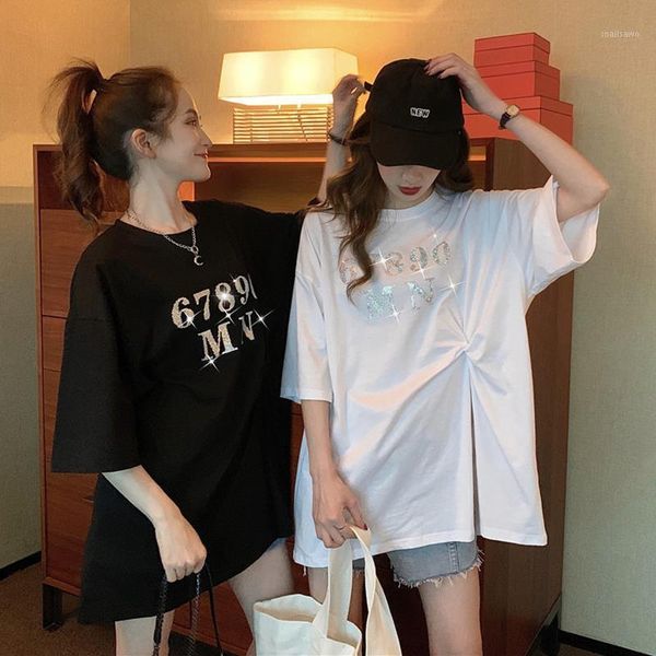 

women's t-shirt summer korean 2021 shiny loose medium length kink split bottom short sleeve fashion, White