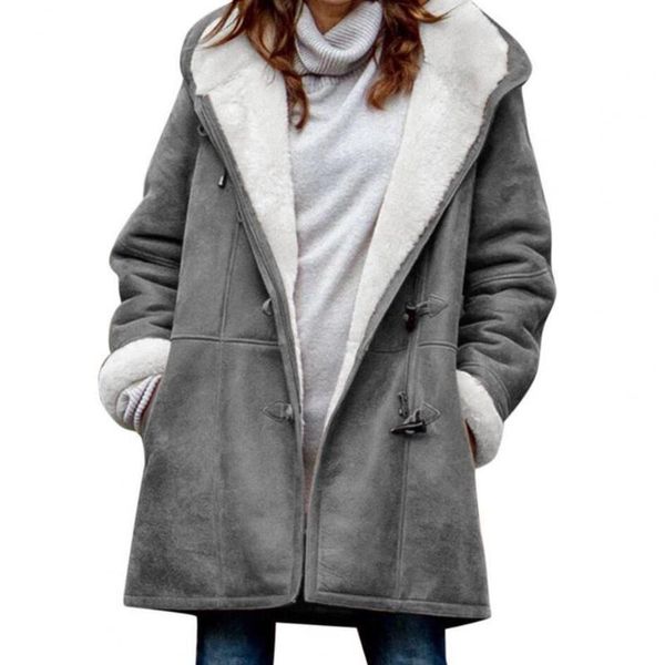 Giacche da donna Cappotto Giacca Corno di mucca Tasche con fibbia Tinta unita Foderato in pile Cappotto con cappuccio Capispalla Abbigliamento invernale Donna Taglie forti