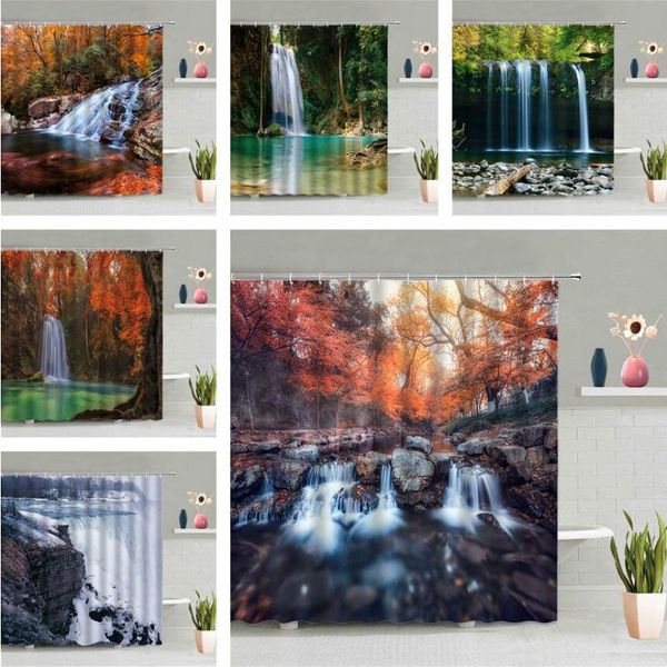 

shower curtains waterfall mountain forest curtain flowing water nature scenery modern hanging waterproof bathroom home decor set