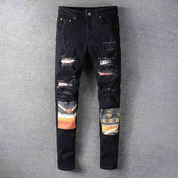 

fashion jeans high street men's with holes, black washed and pasted cloth, printed hip hop pants, Blue