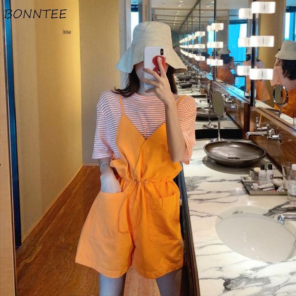 

women's jumpsuits & rompers women summer big size wide leg fashion leisure preppy girls playsuits pockets simple solid orange femme clo, Black;white