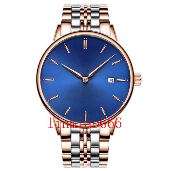 

classic high-quality men's elegant business watch automatic 2-pointer calendar ultra-thin model, stainless steel strap, blue dial, Slivery;brown