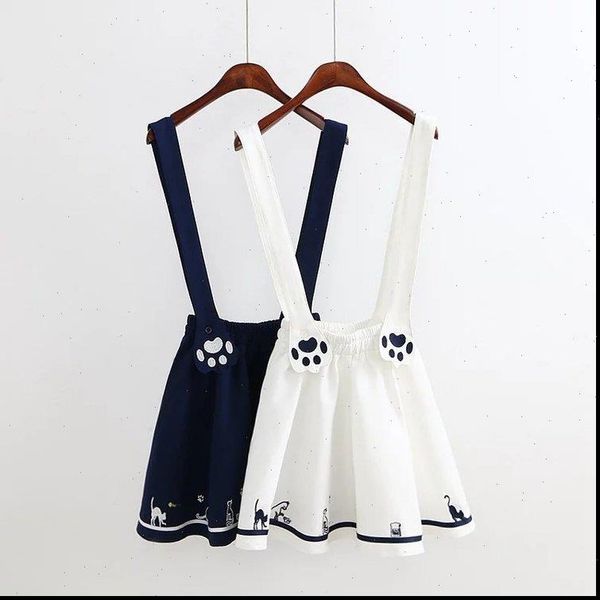 

summer short cartoon cat dog womens skirt embroidery harajuku kawaii japan style cute chiffon strap mini, Black