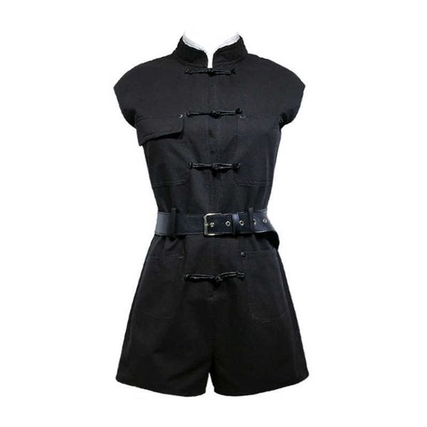 

perhaps u black white stand collar sleeveless tank playsuits sash loose wide leg rompers summer button j0128 210529