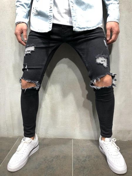 

men's jeans arrivals skinny locomotive destroyed ripped holes taped slim fit denim scratched pencil pants, Blue