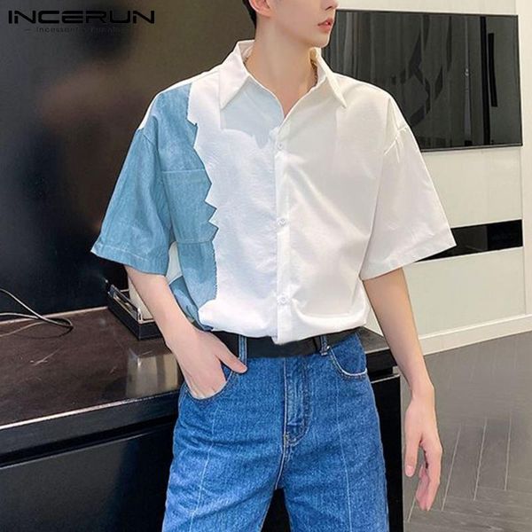 

men's patchwork shirt brand turn down collar button short sleeve streetwear fashion casual shirts 2021 camisas s-5xl, White;black