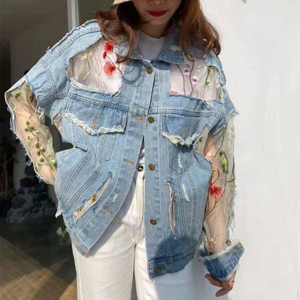 

women's jackets denim jacket women mesh hollow out transparent see through patchwork korean fashion floral jeans coat female spring aut, Black;brown