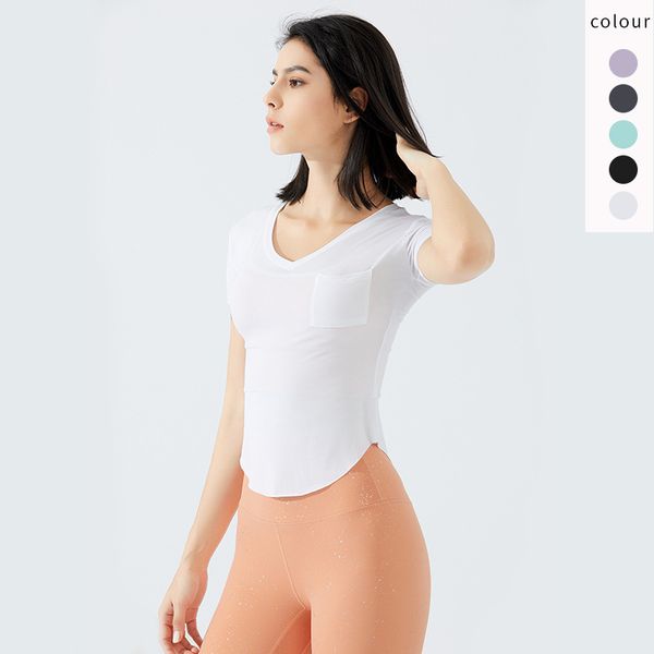 

spring and summer pocket v-neck slim sports t-shirt women's tight elastic running short sleeve fitness top, Gray
