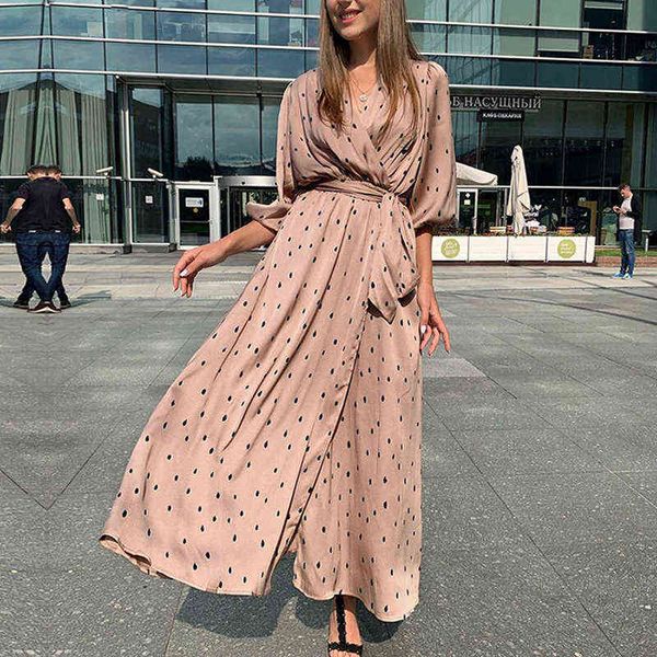 

fashion lace-up women long dresses casual loose v-neck split evening dress spring polka dot print puff sleeve maxi dress y1204, Black;gray