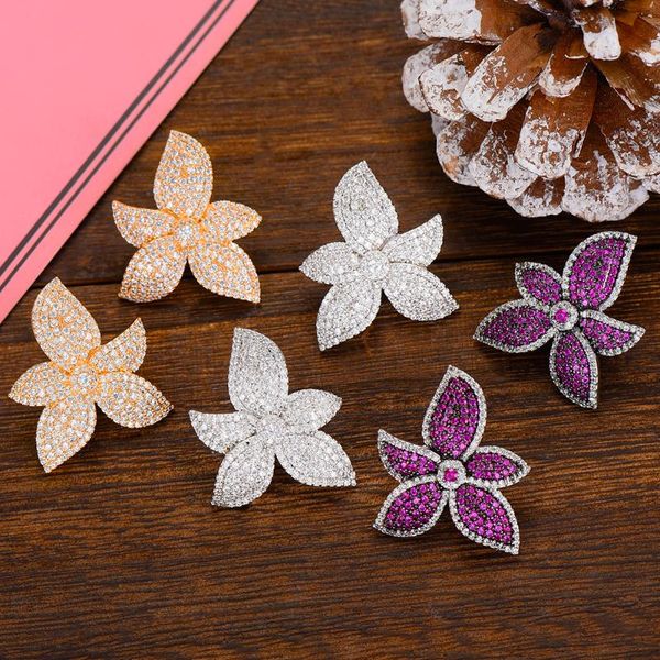 

luxury spring collection flower stud earrings for women wedding cubic zircon cz dubai bridal earring bohemian 2021, Golden;silver