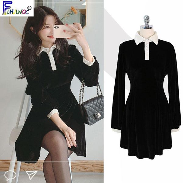 

casual dresses winter year date party girls fashion cute patchwork button french design little black dress 1223, Black;gray